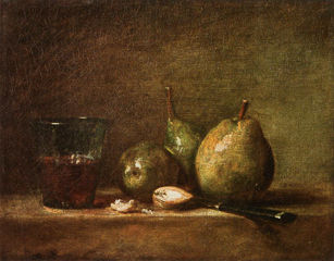 1768 oil-on-canvas painting by Jean-Baptiste-Siméon Chardin - Pears, Walnuts and Glass of Wine