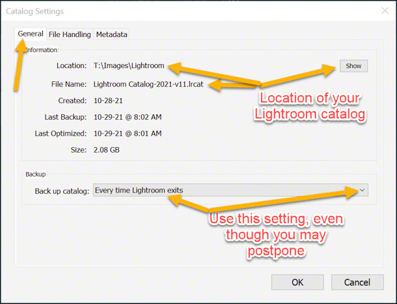 Lightroom Catalog Settings General tab. © 2021 Margo Taussig Pinkerton. All Rights Reserved. From Barefoot Contessa Photo Adventures. For usage and fees, please e-mail TBC (at) BCphotoadventures (dot) com or contact us at 310 Lafayette Drive, Hillsborough, NC 27278 or at 1-919-643-3036 before 9 p.m. Eastern Time, ET.